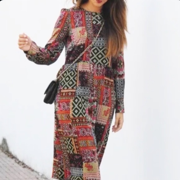 Zara Dresses & Skirts - Zara Black/Red Multicolor Patchwork Midi Dress, Size Large